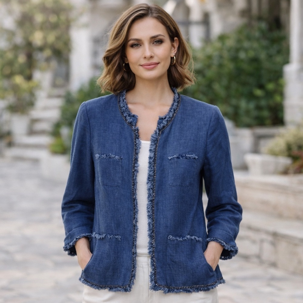 SOFT Surroundings Blue Linen Chain and Raw Fringe Hem Jacket Women’s Size Small - Picture 13 of 13